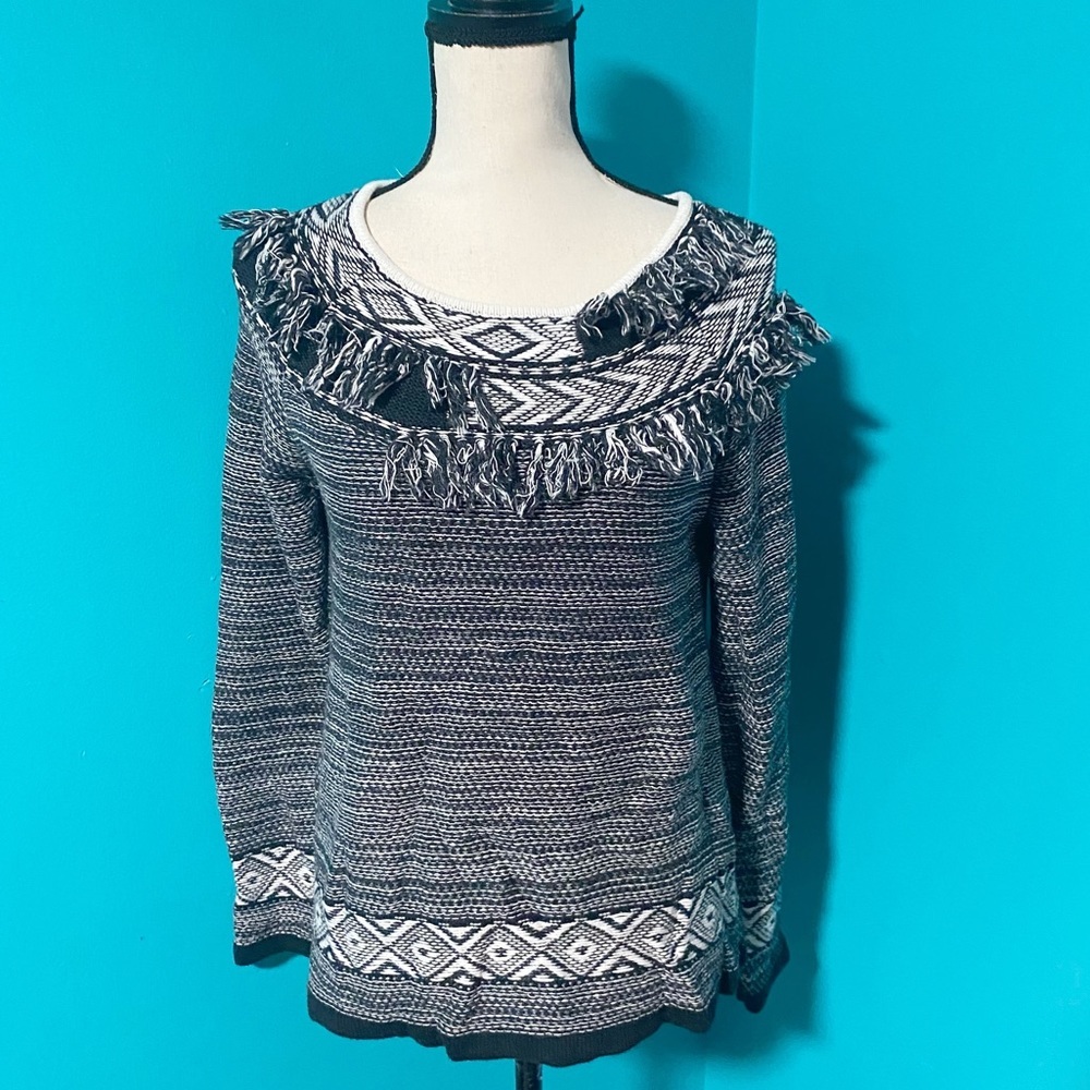 The Limited L Black Cream Tassel Fringe Sweater